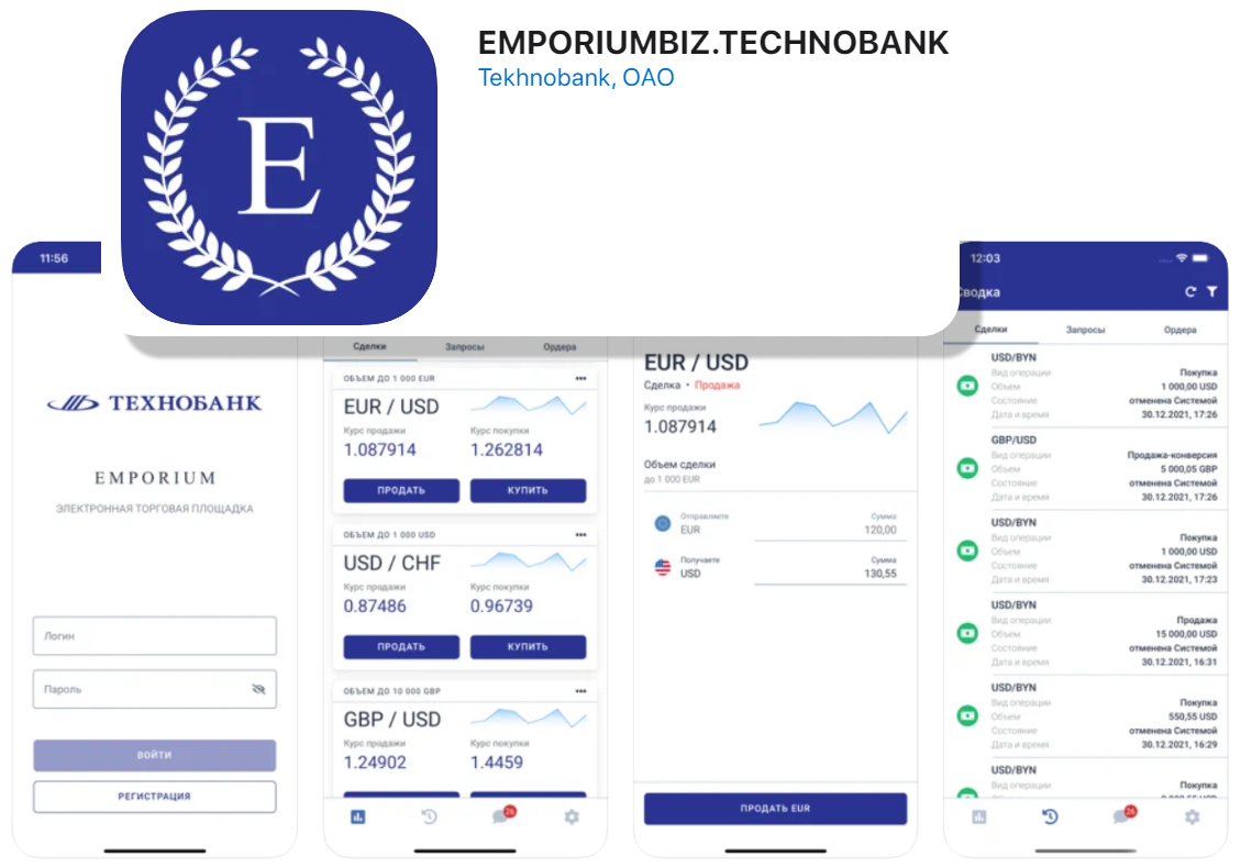 Электронной торговой площадки Emporiumbiz.technobank (доступна для Android  и iOS) для клиентов банка – юридических лиц и ИП